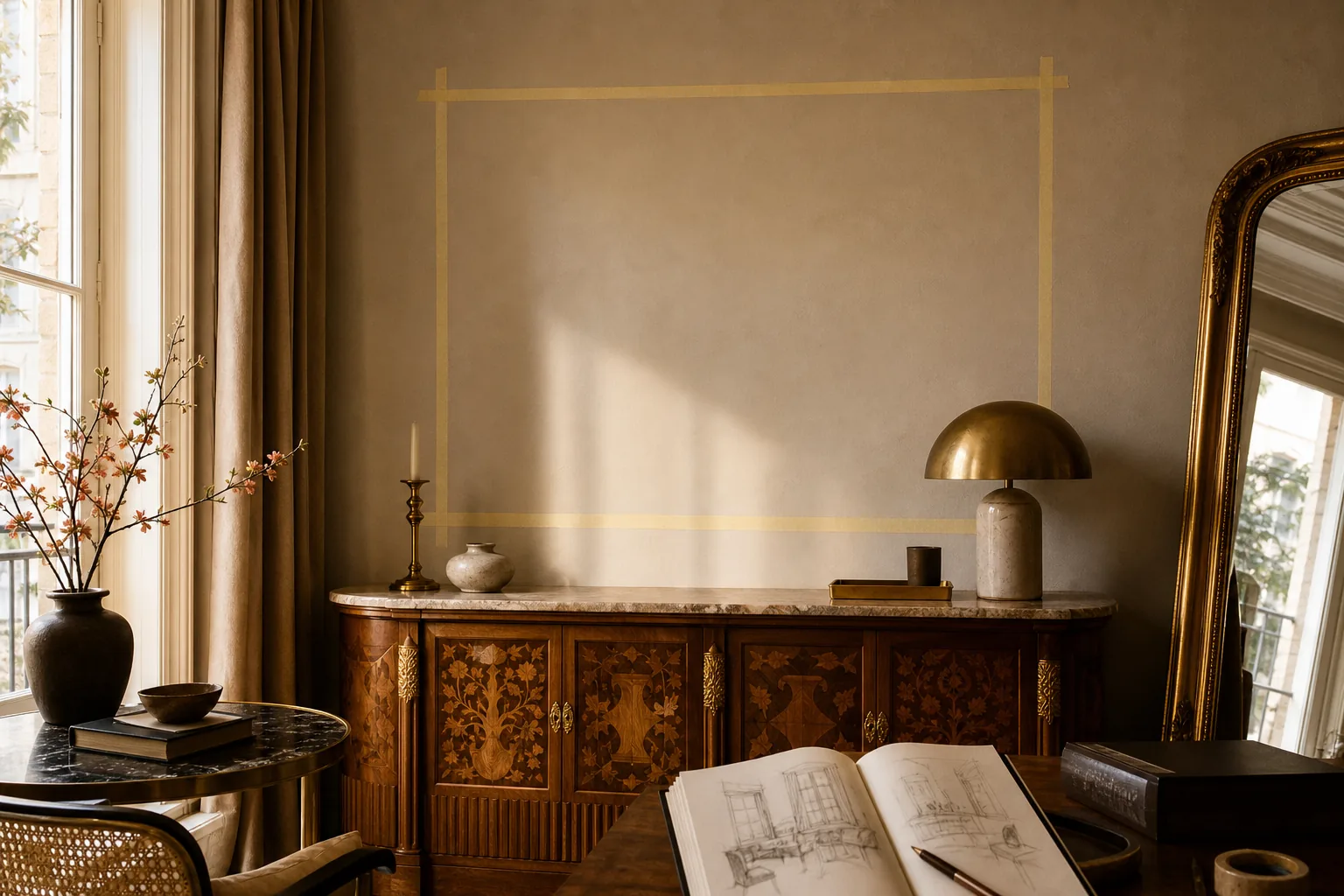 measuring a large decorative wall mirror above a console in a warm living room.