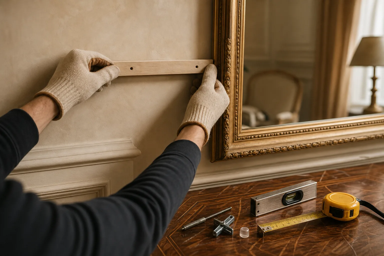 safe hardware installation for a large decorative wall mirror on a supported wall.