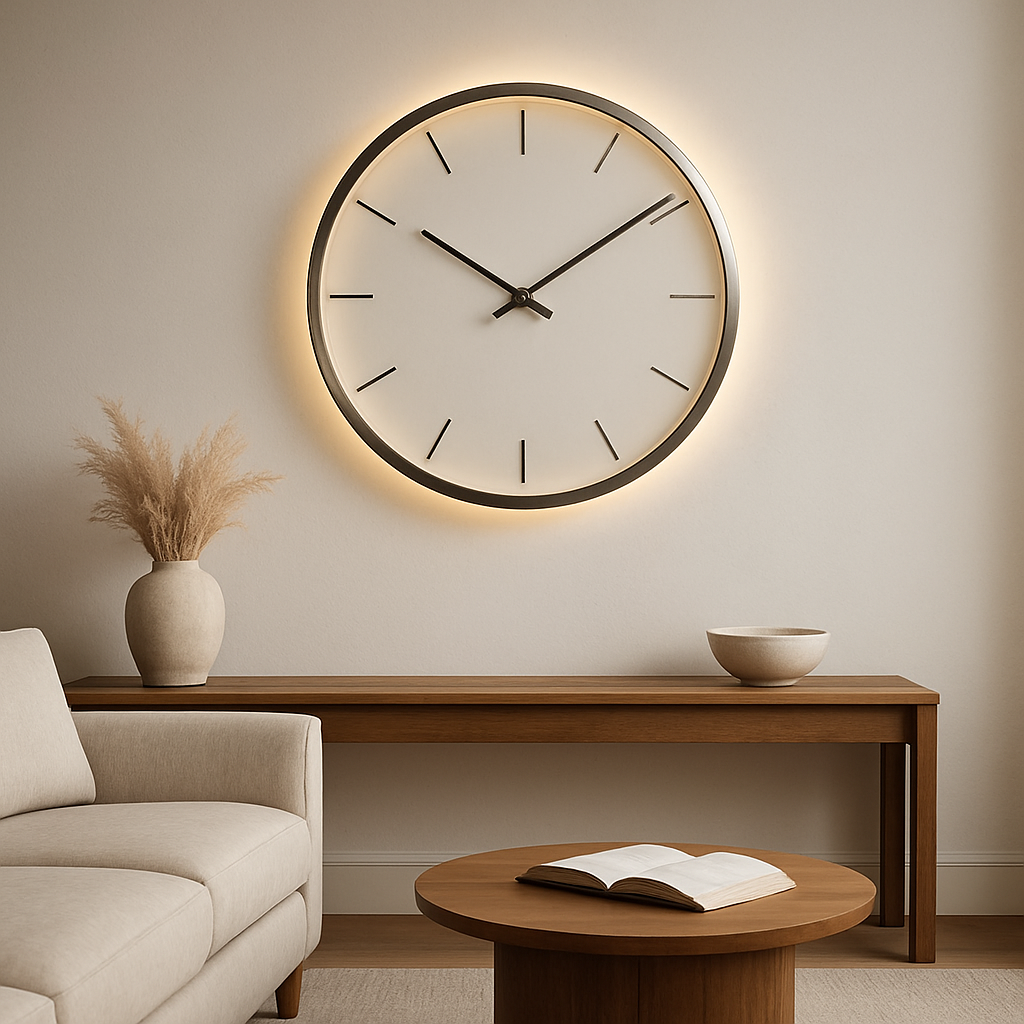 A minimalist living room with a large modern wall clock on a white wall, brushed metal frame, subtle LED backlight, and a sleek wooden console table. Alt: Minimalist large modern wall clock interior design