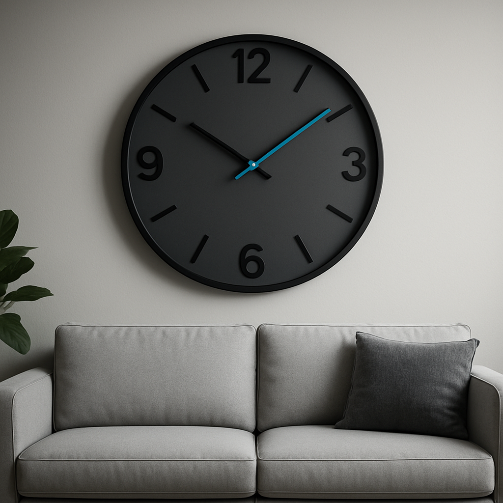 A large modern wall clock in a matte black finish mounted above a light‑grey sofa, with a teal accent hand catching the eye. Alt: large modern wall clock color trends and customization ideas.