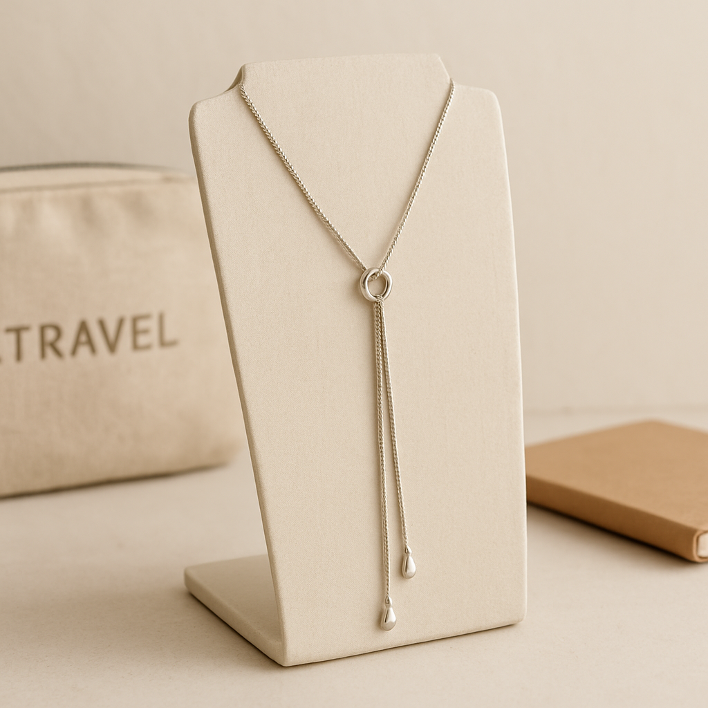 A travel‑ready lariat necklace displayed on a minimalist stand, with a travel pouch and a notebook in the background. Alt: Lariat necklace travel accessory.