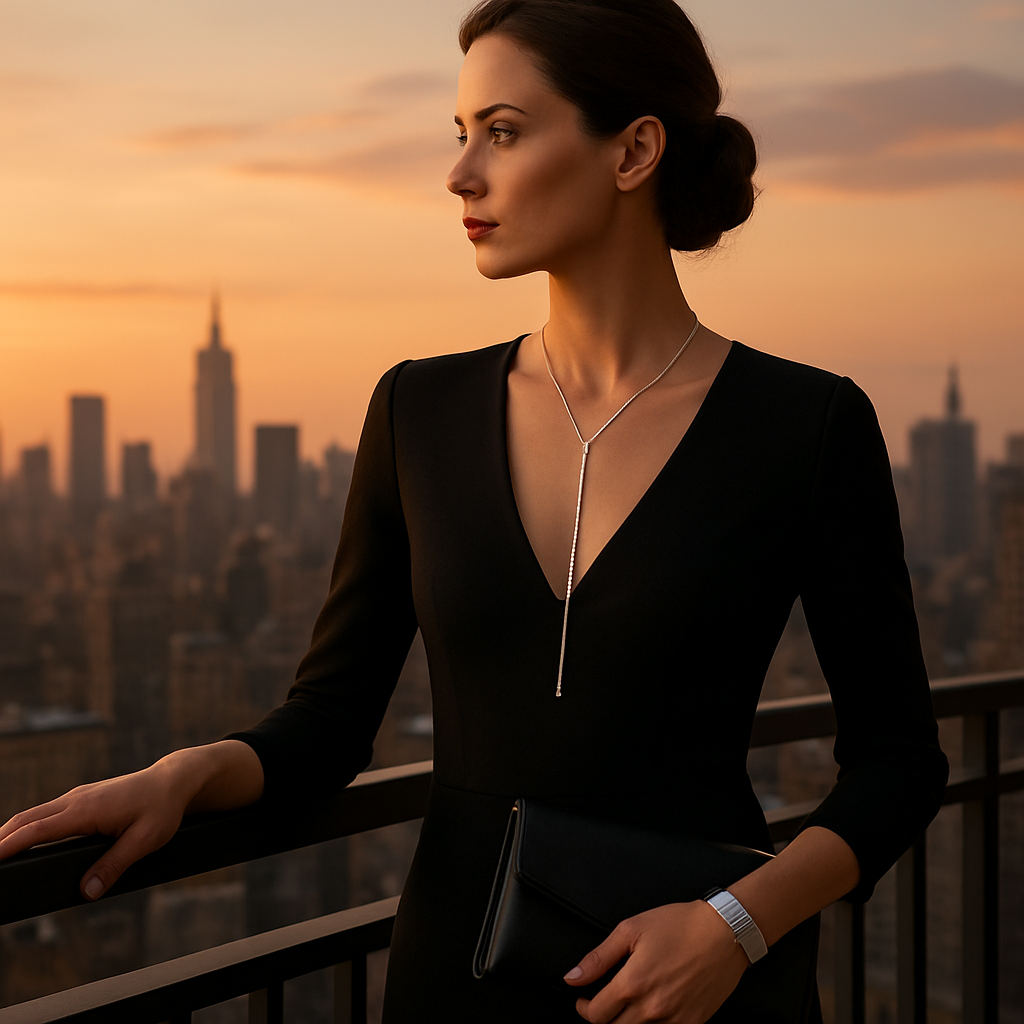 A sophisticated woman standing on a balcony overlooking a city skyline at sunset, wearing a silver lariat necklace, matching silver cuff bracelet, and a leather clutch. Alt: Travel-ready silver lariat necklace accessory guide.