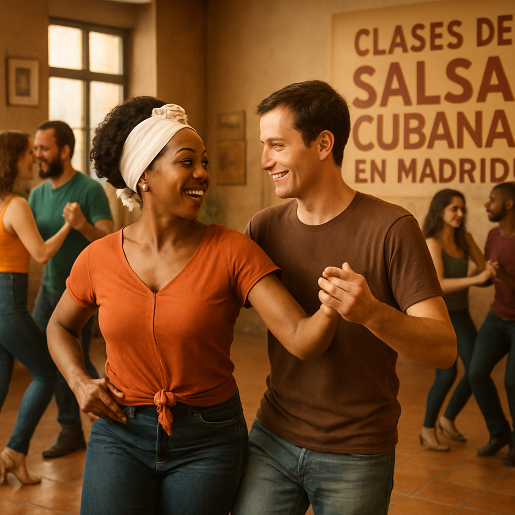 Personas bailando salsa cubana en una clase animada en Madrid, con un ambiente cálido y una profesora mostrando pasos tradicionales cubanos. Alt: Clases auténticas de salsa cubana en Madrid con ambiente animado