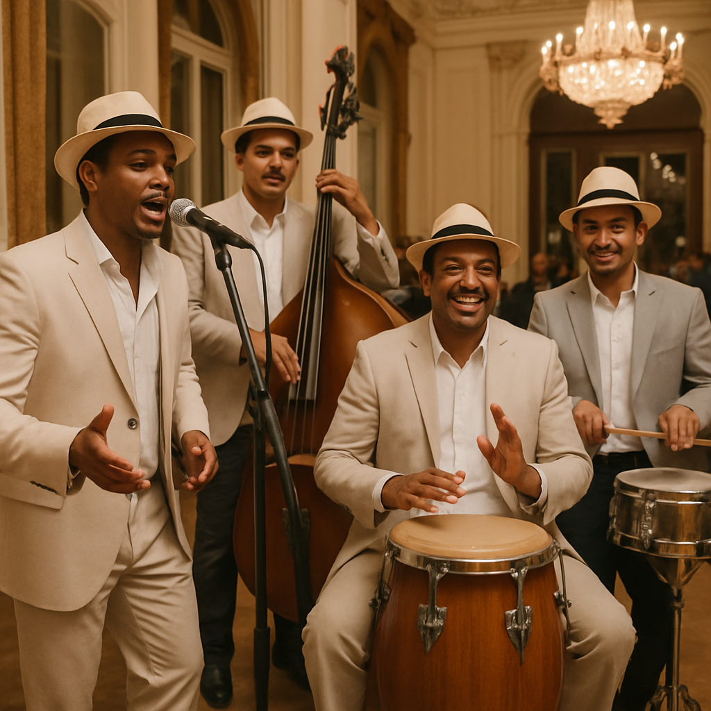 Grupo de músicos cubanos tocando salsa en vivo en un evento elegante en Madrid. Alt: músicos cubanos auténticos tocando salsa cubana en Madrid para eventos.