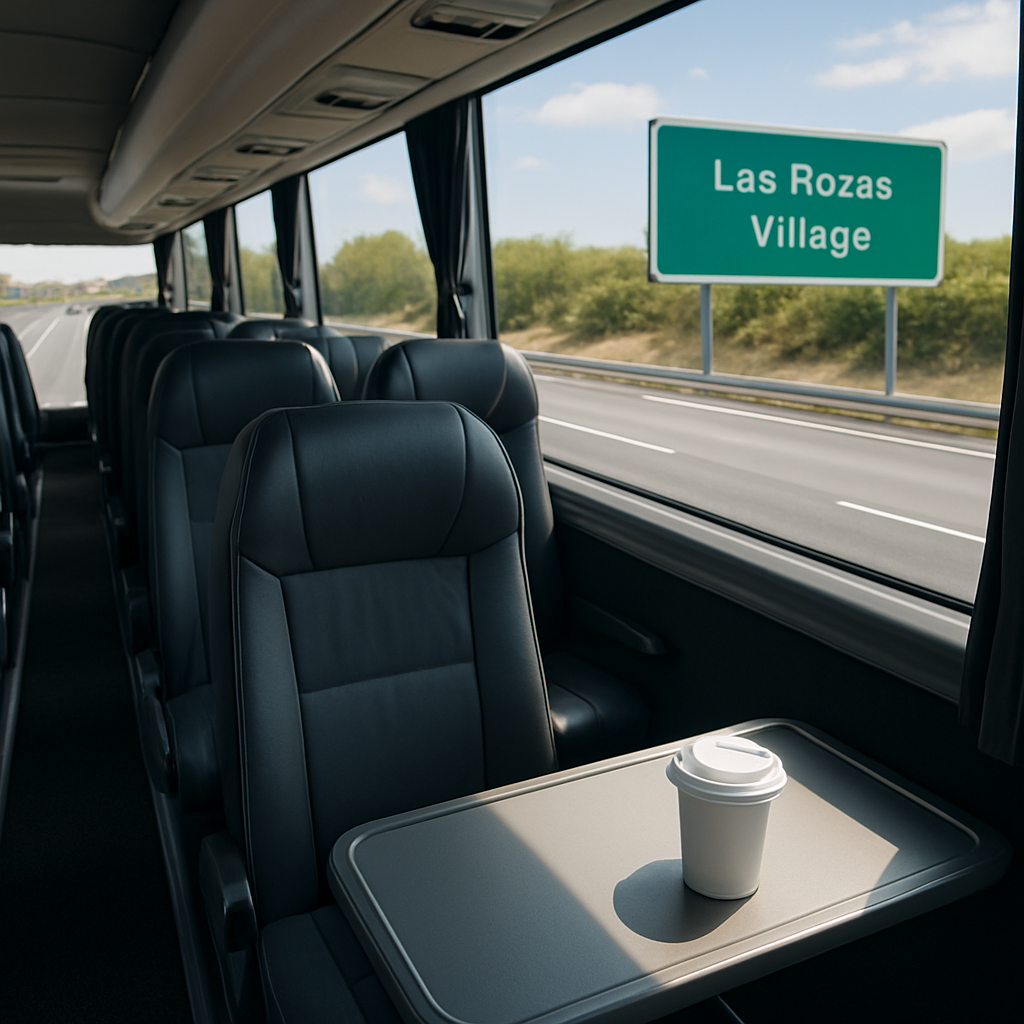 A sleek minibus interior with comfortable seats, a coffee cup on a tray table, and a view of the highway heading toward Las Rozas Village. Alt: Inside the Las Rozas Village private shopping shuttle from Madrid.