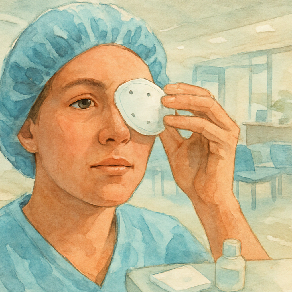 A close‑up of a patient placing a protective eye shield over an eye, with a soft-focus background of a modern clinic waiting area. Alt: Preparing for laser eye surgery with eye shield and post‑op supplies.