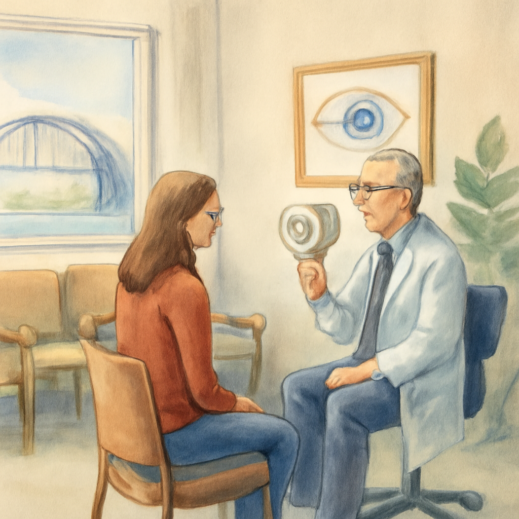 A calm Sydney clinic waiting room with a patient consulting with an eye specialist. Alt: Eye clinic consultation in Sydney