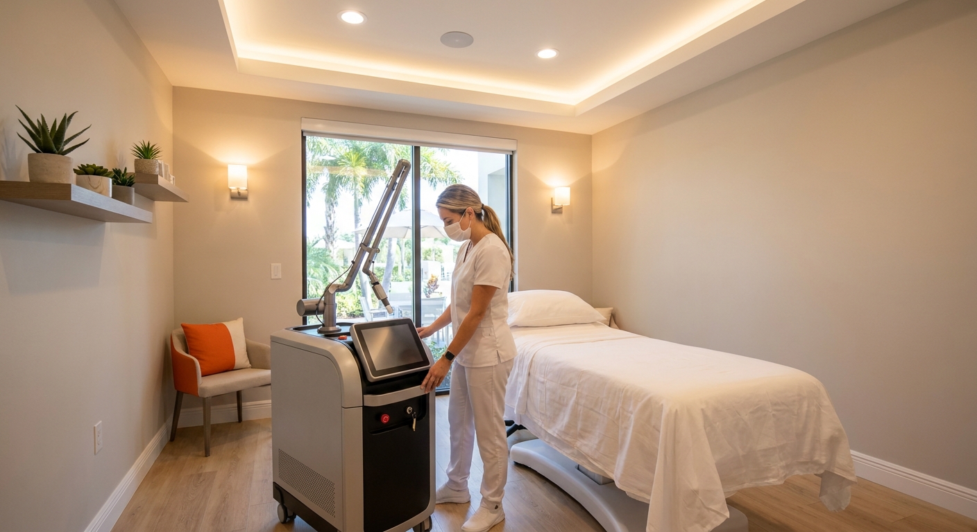 A photorealistic scene inside a clean, modern medical spa treatment room in South Florida. A trained provider in a white uniform prepares a laser device near a treatment table. Warm accent lighting, minimal decor, professional atmosphere. Alt: licensed provider performing laser hair reduction treatment at a South Florida medical spa.
