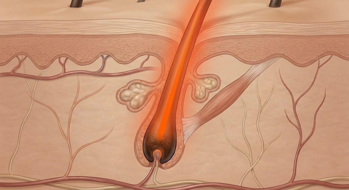 A detailed photorealistic cross-section illustration of a hair follicle being targeted by a focused beam of light beneath the skin surface. Warm skin tones, visible follicle structure, scientific but approachable visual. Alt: diagram showing laser light targeting melanin in a hair follicle during laser hair reduction treatment.
