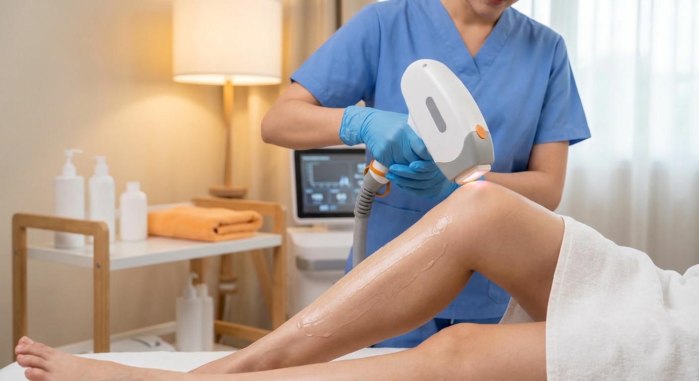 A photorealistic close-up of a licensed aesthetician operating a laser hair removal device on a client's leg in a clean, warmly lit medical spa treatment room. Alt: laser hair removal treatment being performed in a professional spa setting.