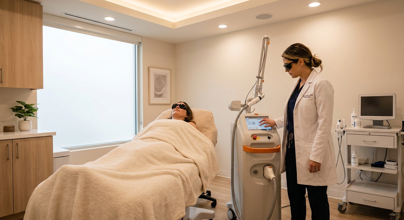 A warm, professional treatment room inside a modern medical spa, with a client resting on a treatment table while an aesthetician prepares a laser device nearby. Both wearing protective eyewear. Clean, softly lit environment with medical-grade equipment visible. Alt: laser hair removal session in progress at a medical spa in Cooper City Florida.