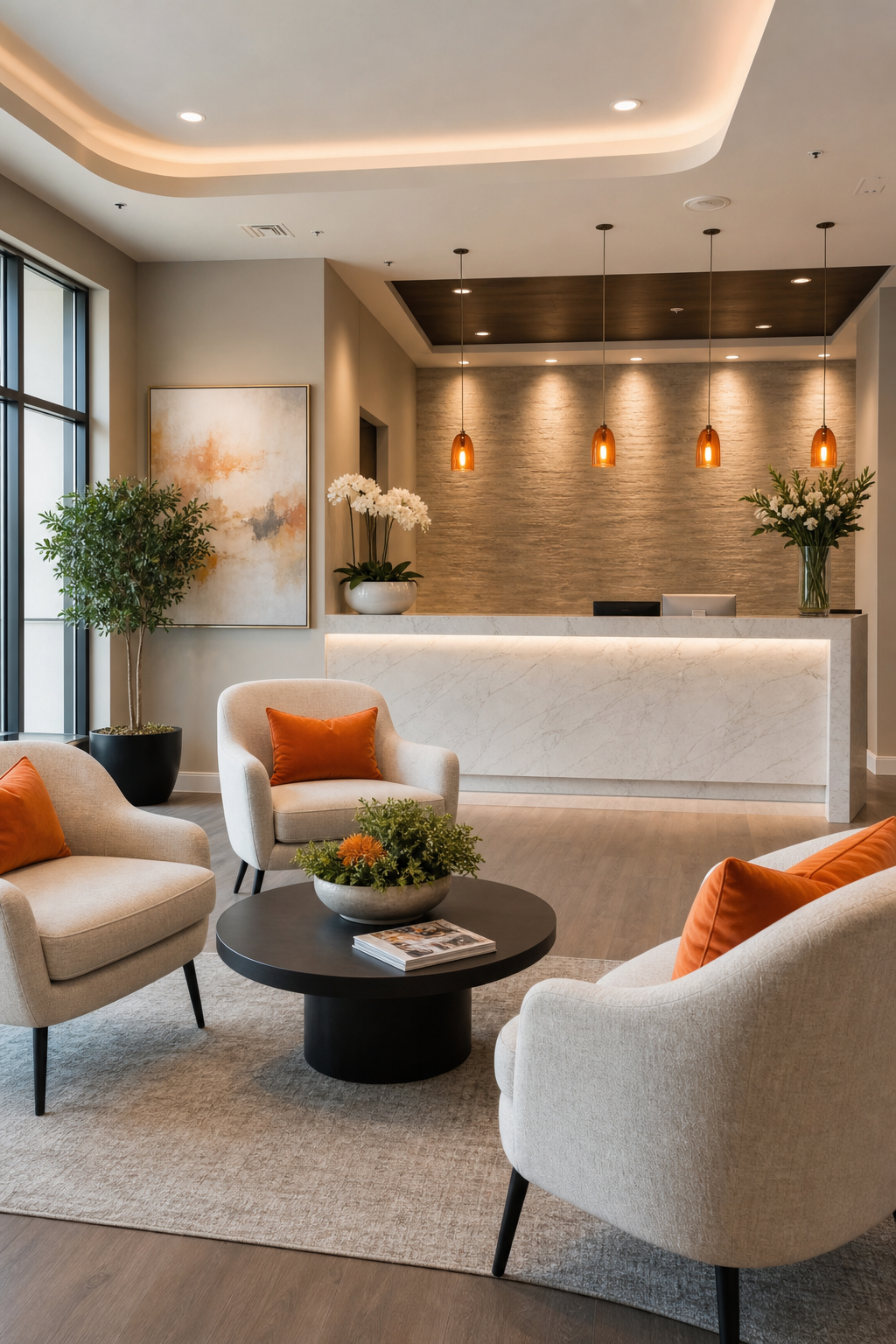 A modern medical spa lobby with comfortable seating and aesthetic decor. Alt: Medical spa interior Edmond Oklahoma