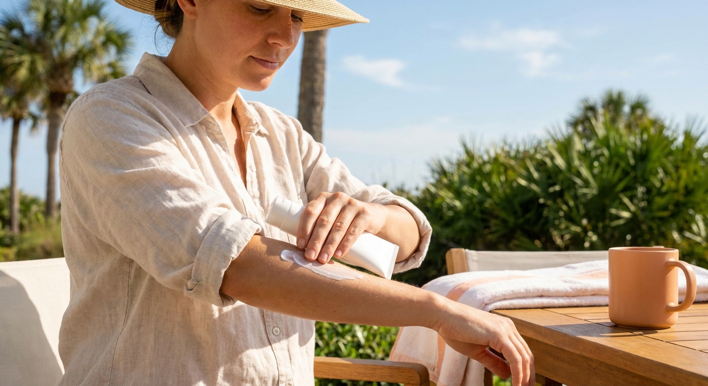 A realistic scene of a woman applying sunscreen to her arms after a laser session, with a sunny Florida backdrop, alt=