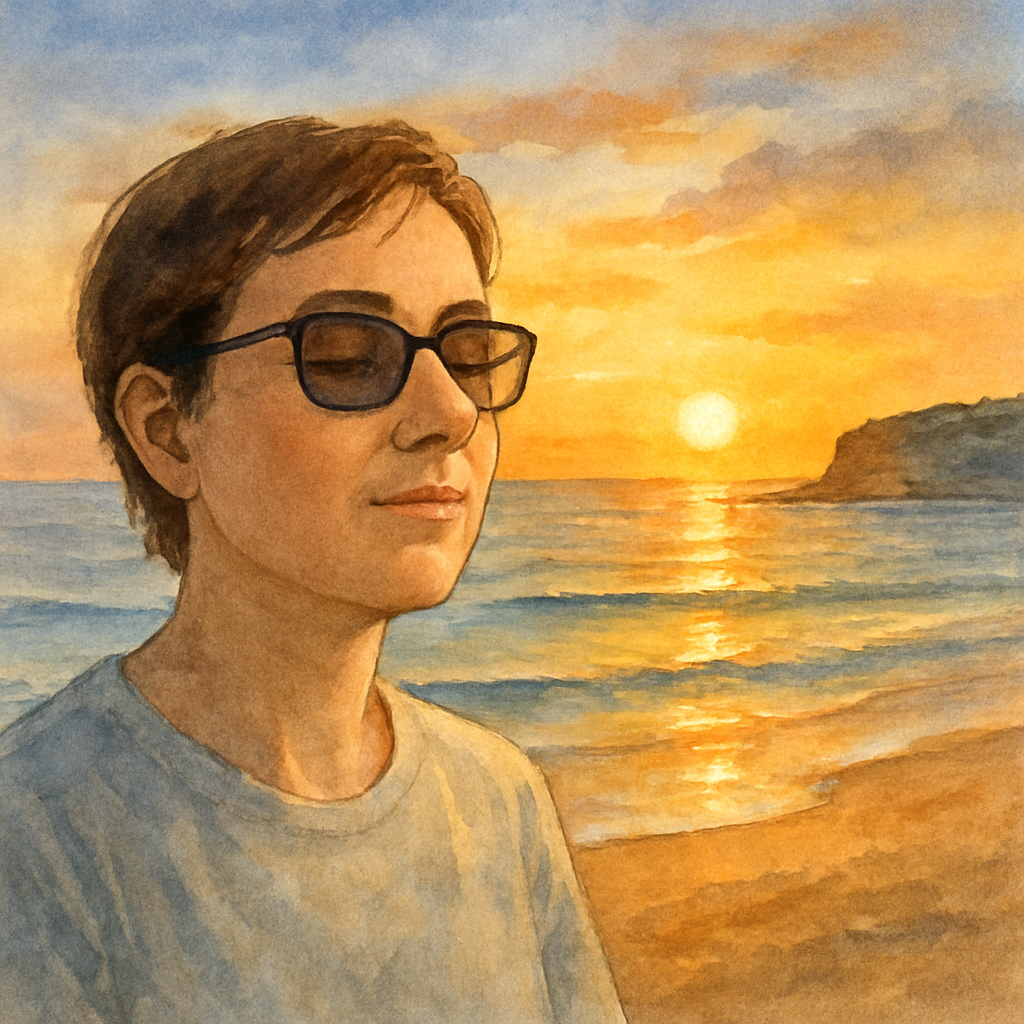 A calm Sydney coastline at sunrise, with a person gently opening their eyes, wearing sunglasses. Alt: Laser retinopexy recovery time sunrise view.