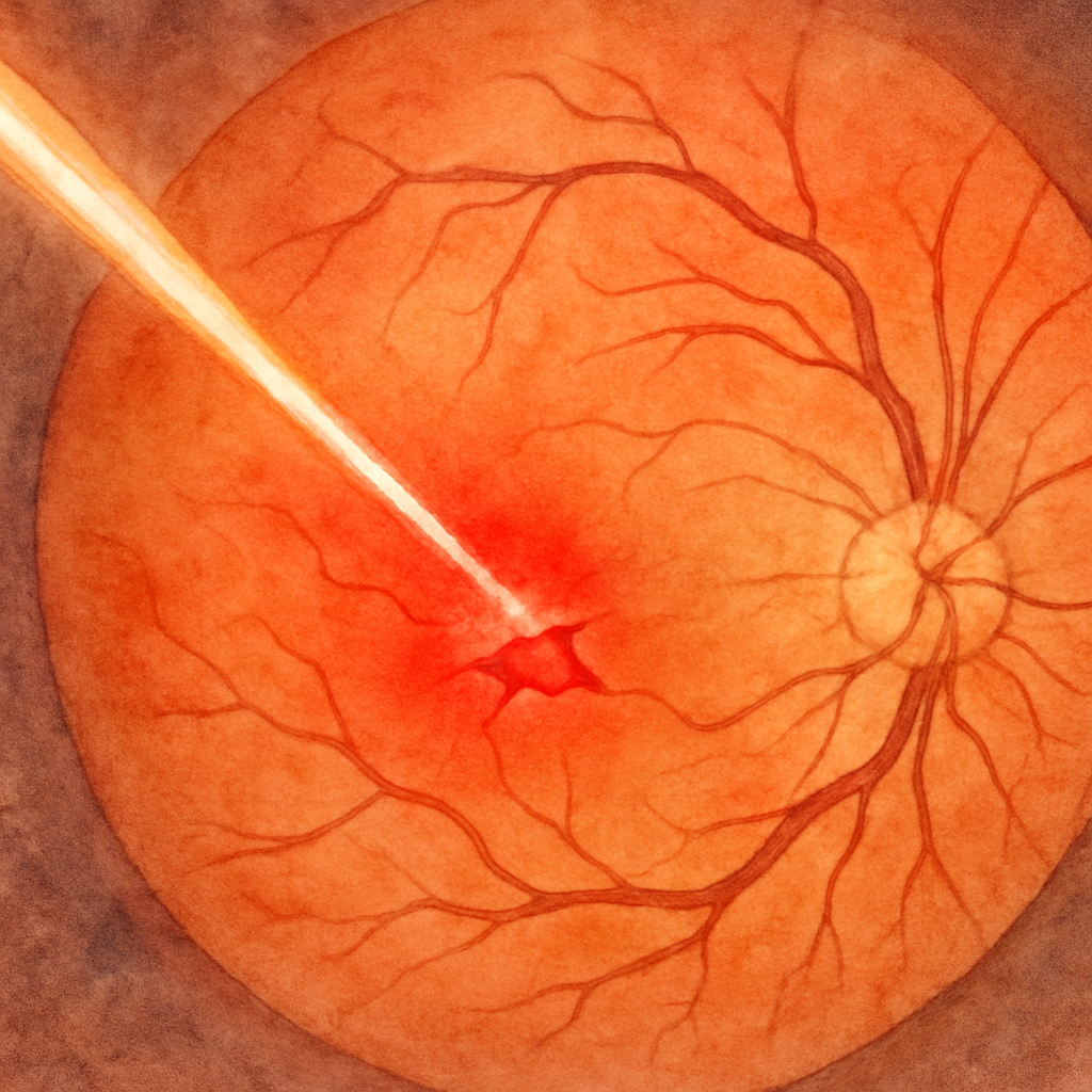 A close‑up of a retinal scan showing a small peripheral tear highlighted in bright red, with a laser beam targeting the area. Alt: Detailed retinal tear laser retinopexy illustration focusing on success factors.