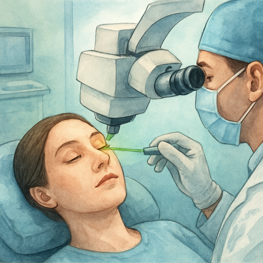 A close‑up of a retinal laser procedure in a modern Sydney eye clinic, showing the green‑frequency laser spot on the retina with a calm patient in the background. Alt: laser retinopexy success rate visual illustration.
