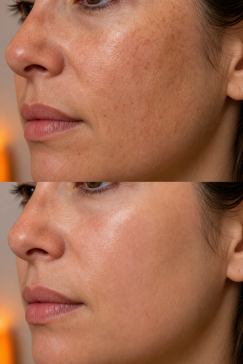 A realistic close-up split image of a woman's cheek skin before and after a laser resurfacing treatment, showing visible texture improvement and reduced discoloration under natural studio lighting, warm neutral background with soft orange accent lighting. Alt: laser skin resurfacing before and after photos showing texture and tone improvement on cheek skin.