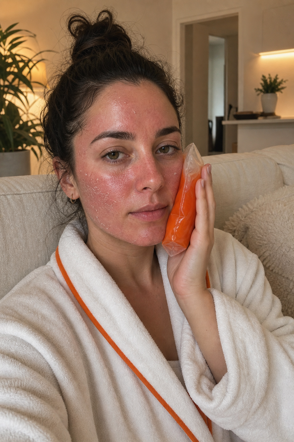 A realistic lifestyle photo of a woman sitting at home on a sofa holding a cool compress to her cheek, skin showing mild post-laser redness and peeling consistent with day 3 of fractional CO2 recovery, soft warm home lighting. Alt: woman experiencing laser skin resurfacing downtime recovery at home with mild redness and peeling.