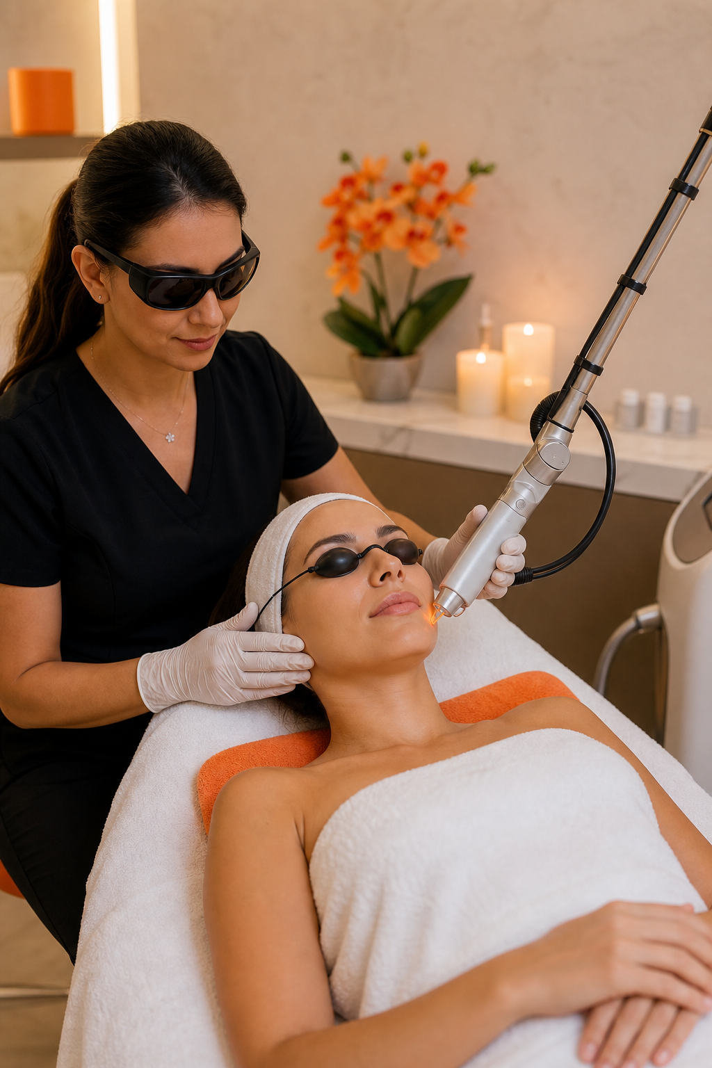 An editorial image prompt showing a patient undergoing a non‑ablative laser session in a serene spa room, with soft lighting and clinician guiding the treatment. Alt: non‑ablative laser treatment in a luxury clinic