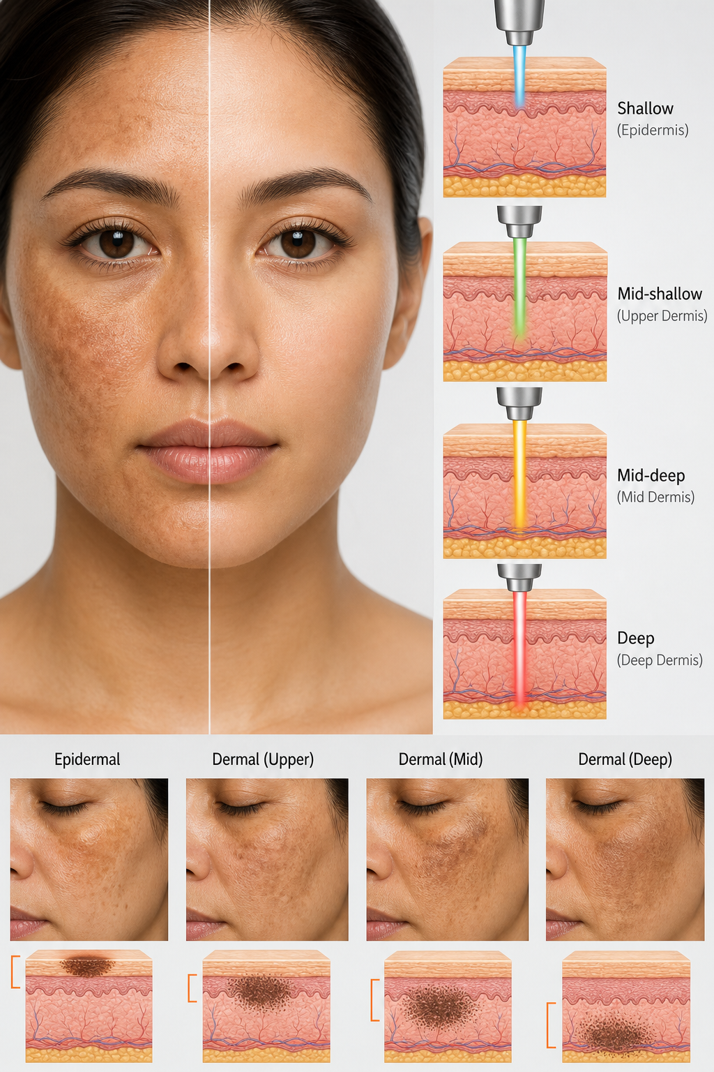A photorealistic comparison infographic showing a split-face with melasma and different laser beams labeled by depth of penetration, skin layers highlighted. Alt: How to choose laser for melasma based on skin type and melasma depth