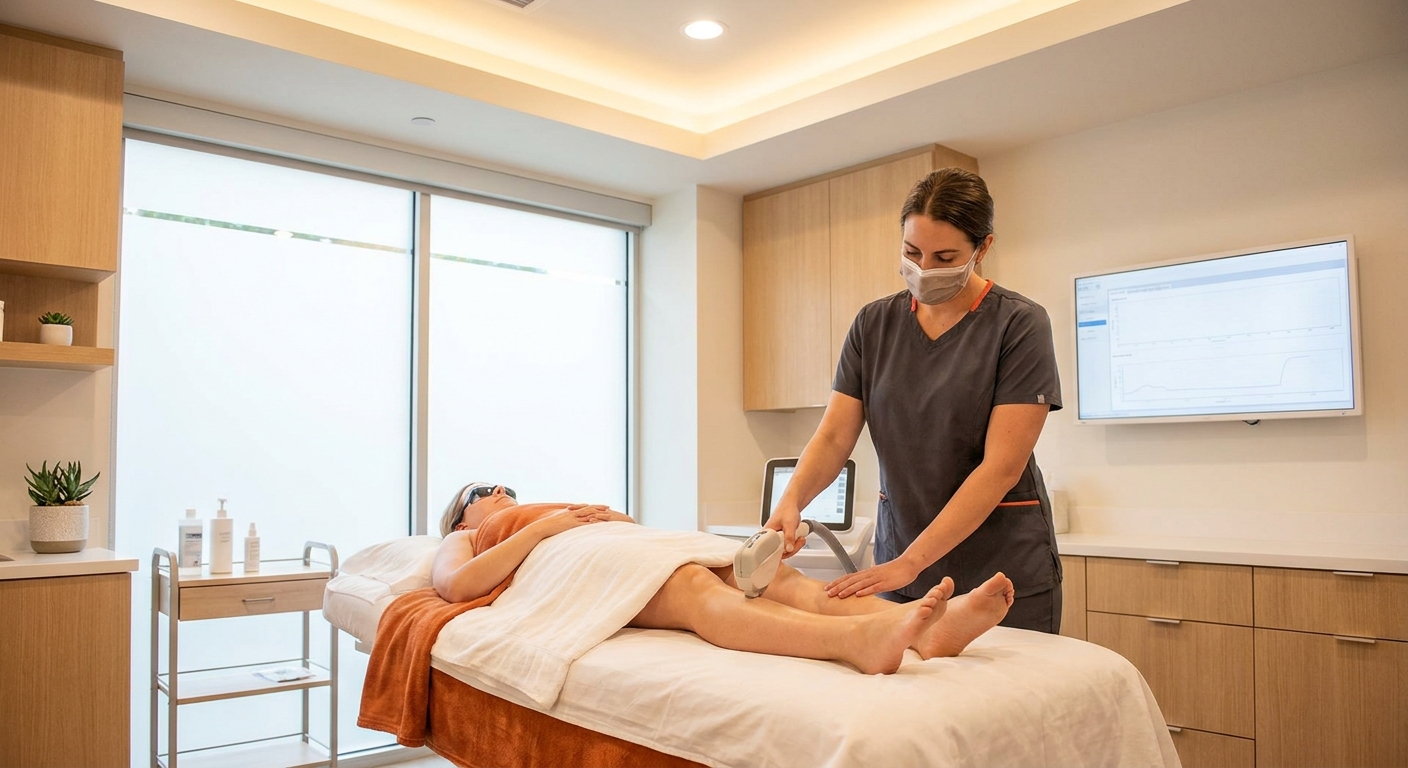 A bright, modern medical spa treatment room with a licensed provider performing laser hair removal on a client's leg, warm overhead lighting, clean professional aesthetic, no visible phone numbers or signage. Alt: licensed provider performing professional laser hair removal at Meljestic Spa in Cooper City Florida.