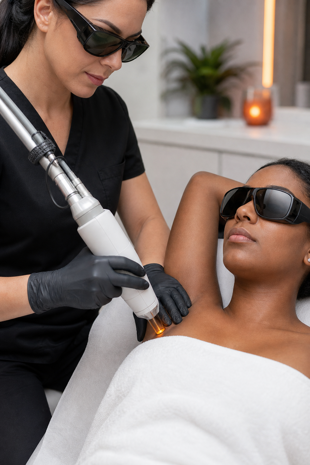 A close-up of a licensed aesthetician using a professional laser handpiece on a patient with darker skin tone in a clinical setting, professional lighting, clean and calm atmosphere. Alt: Nd YAG laser hair removal treatment for darker skin tones at a professional medical spa.
