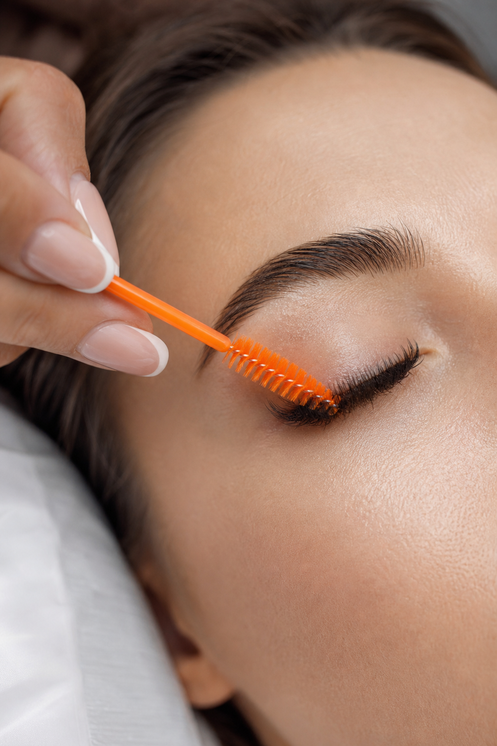 A photorealistic view of a hand holding a disposable spoolie, brushing lash extensions downward on an eye. Soft natural lighting. Alt: Brushing eyelash extensions with spoolie wand.