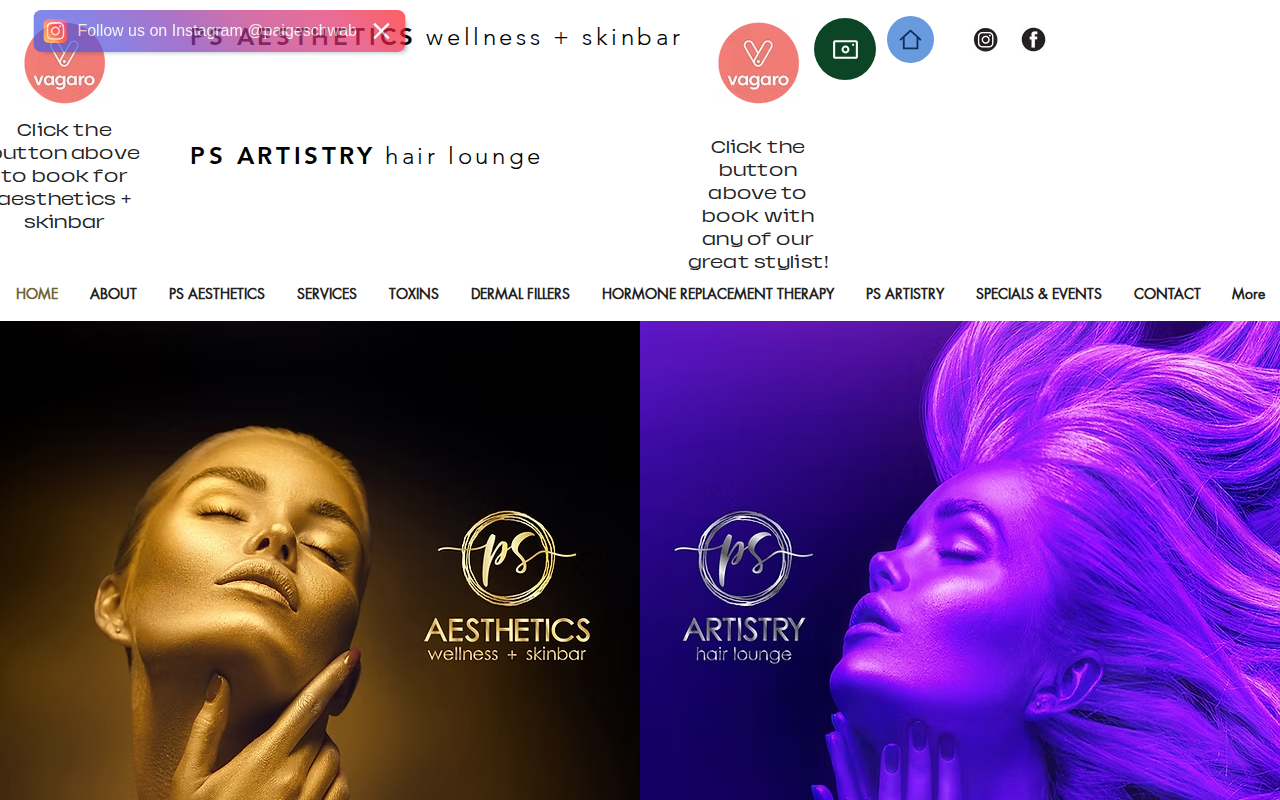 PS Aesthetics Wellness + Skinbar homepage screenshot