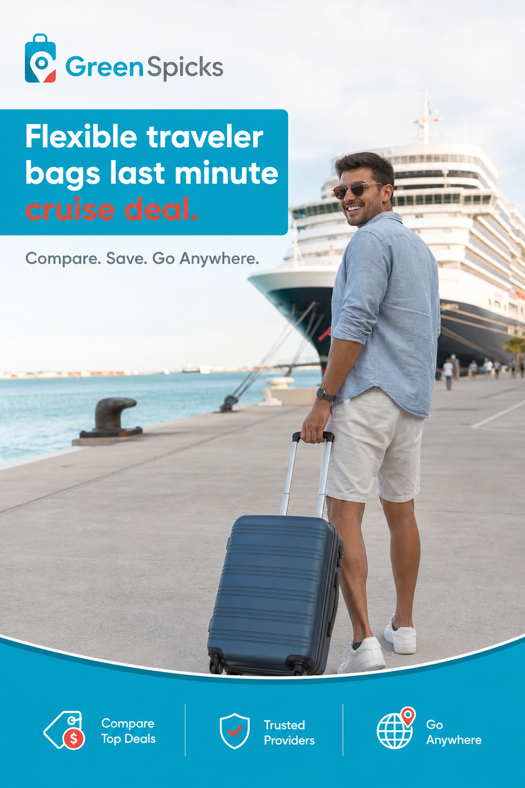 A traveler with a suitcase at a cruise port, smiling, with a ship in the background. Realistic style. Alt: Flexible traveler bags last minute cruise deal