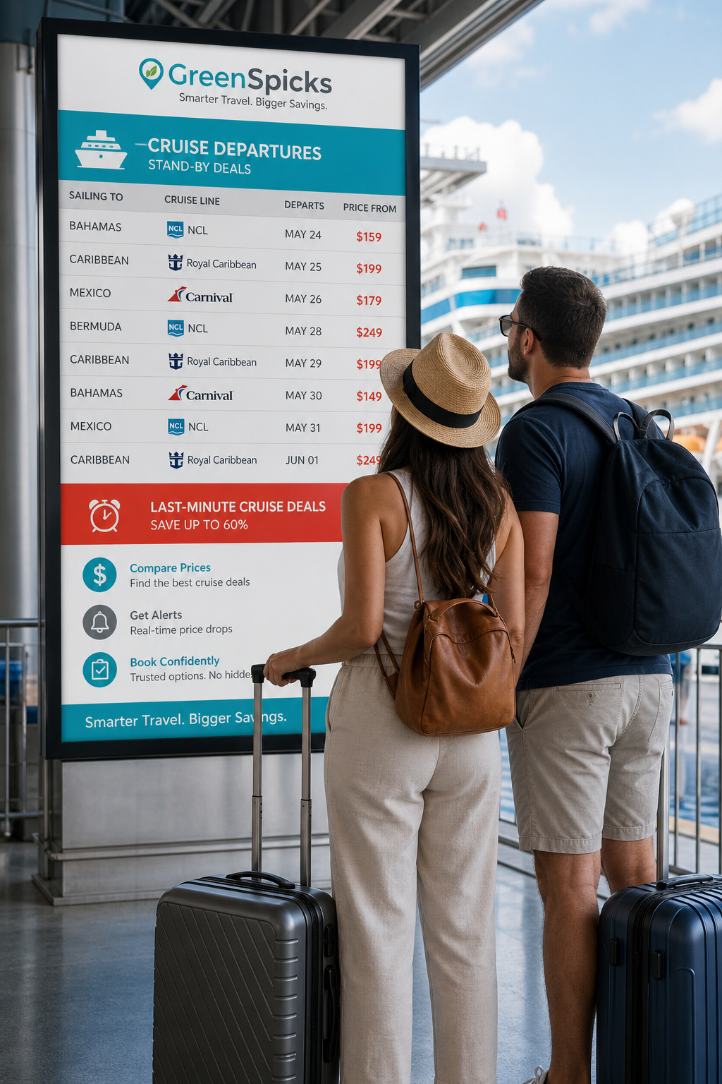 A couple standing at a cruise terminal with their luggage, looking at a departure board, realistic style. Alt: Stand-by cruise deal hunters at port