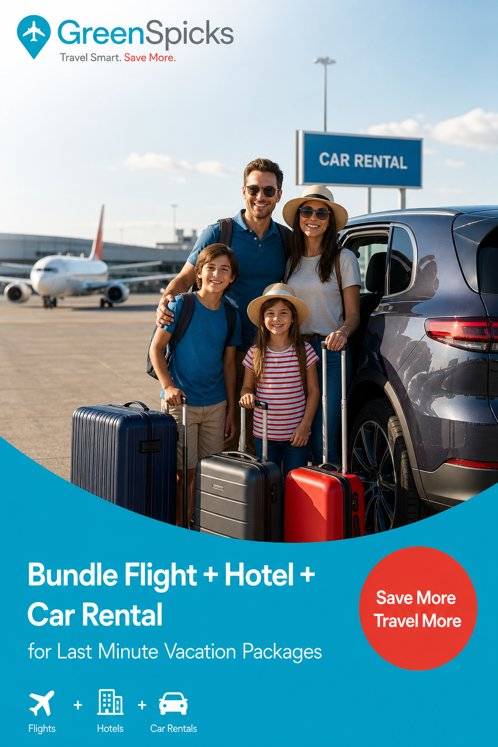 A realistic photo of a family standing next to a rental car at an airport with luggage, looking happy and ready for a road trip, with an airplane in the background. Alt: family bundling flight hotel and car rental for last minute vacation package