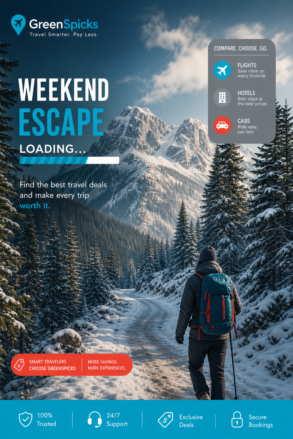 A cinematic landscape of a snow‑clicked pine forest with a winding trail, inviting viewers to imagine a weekend escape. Alt: Mountain trail in a pine forest.