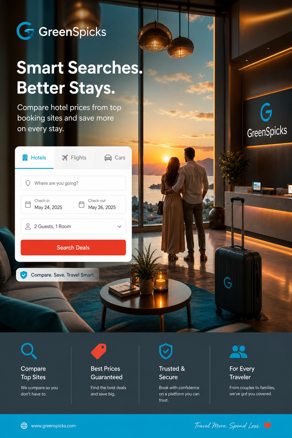 A cozy hotel lobby with warm lights and a couple sharing a sunset view, suggesting romance and family comfort. Alt: Romantic weekend lobby view.