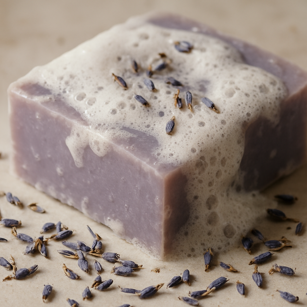 A close‑up of lavender goat milk soap bar with creamy lather and lavender buds scattered around, soft natural lighting, showing the texture and color contrast. Alt: Lavender goat milk soap moisturizing benefits visual.