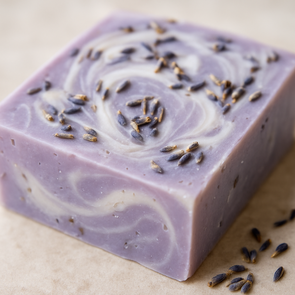 A close‑up of a lavender goat milk soap bar with visible swirls of milk and lavender buds, soft natural lighting. Alt: Lavender goat milk soap nutrient‑rich formula comparison