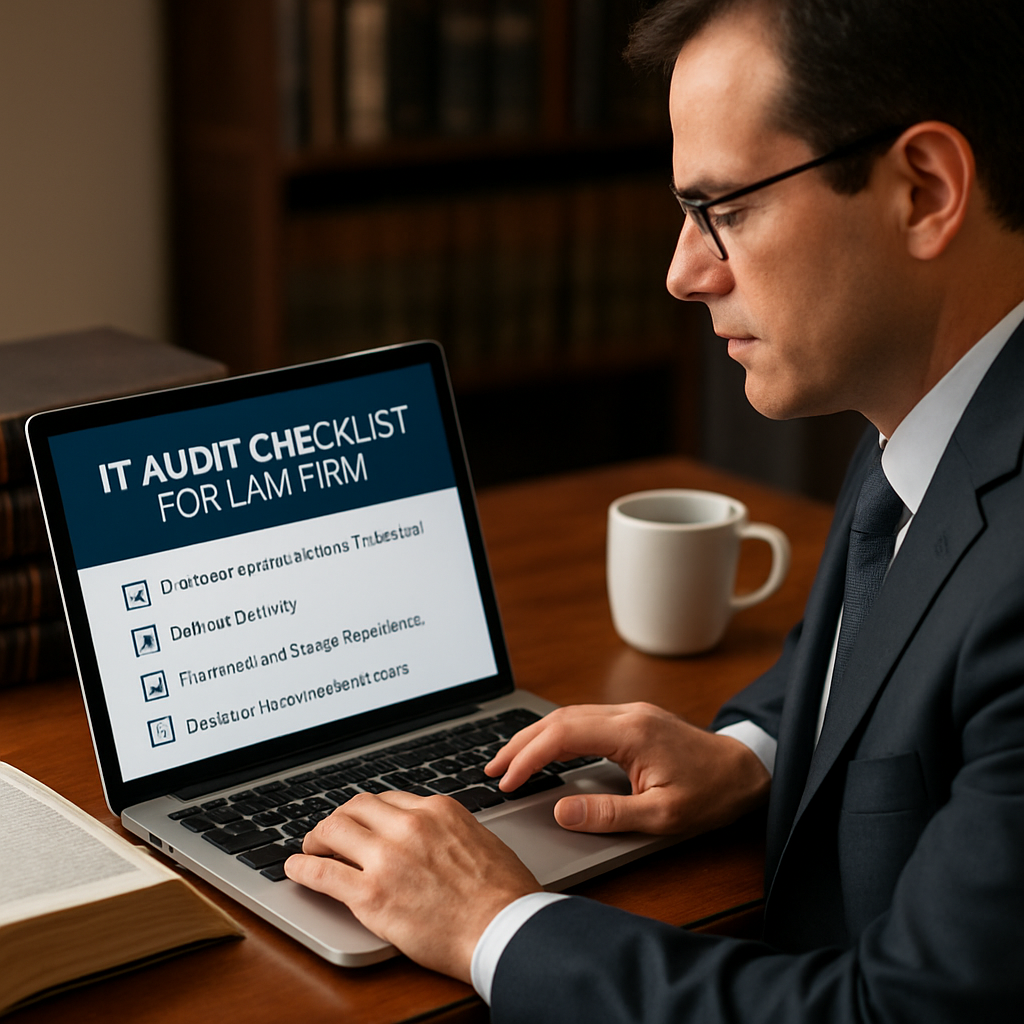 A tech-savvy attorney reviewing a digital checklist on a laptop, surrounded by legal books and a coffee mug. Alt: IT audit checklist for law firm.