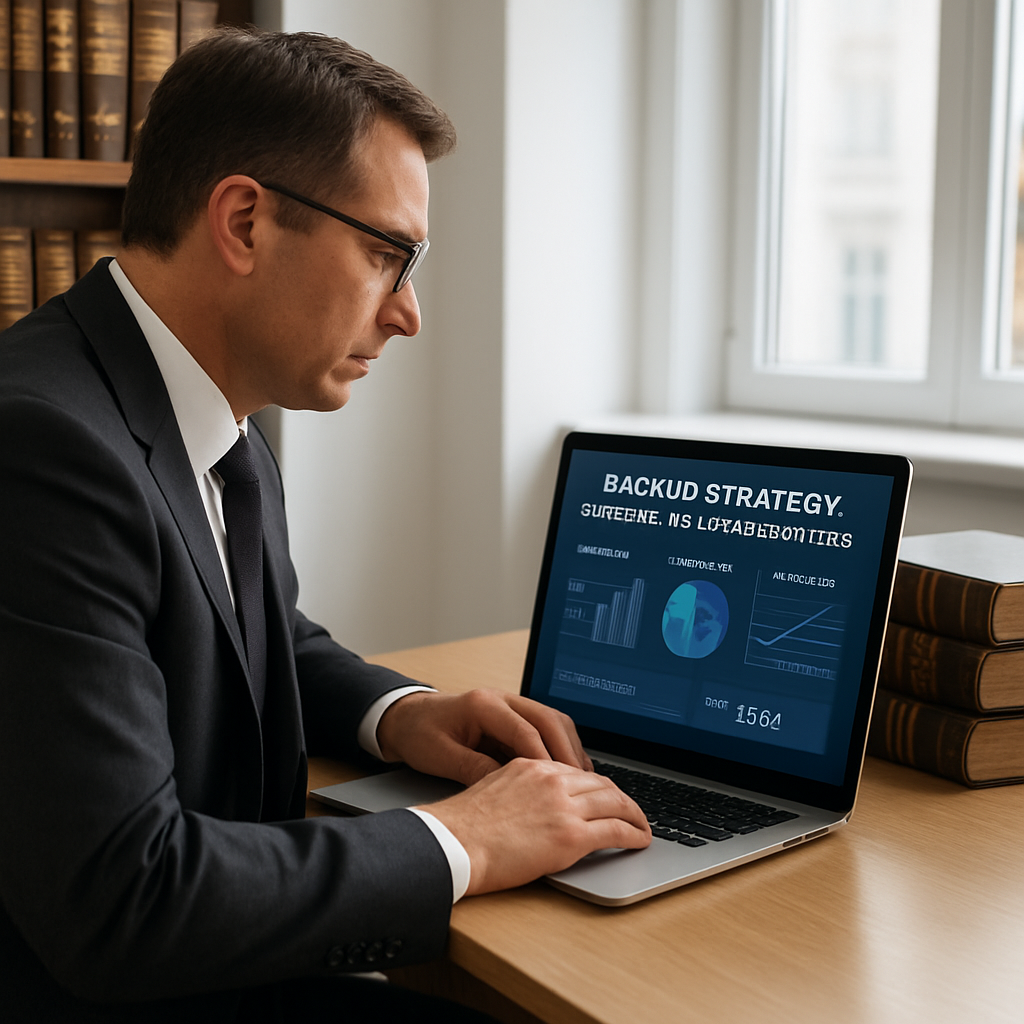 A lawyer reviewing a backup dashboard on a laptop in a bright office, surrounded by legal books. Alt: Backup strategy overview for law firms.