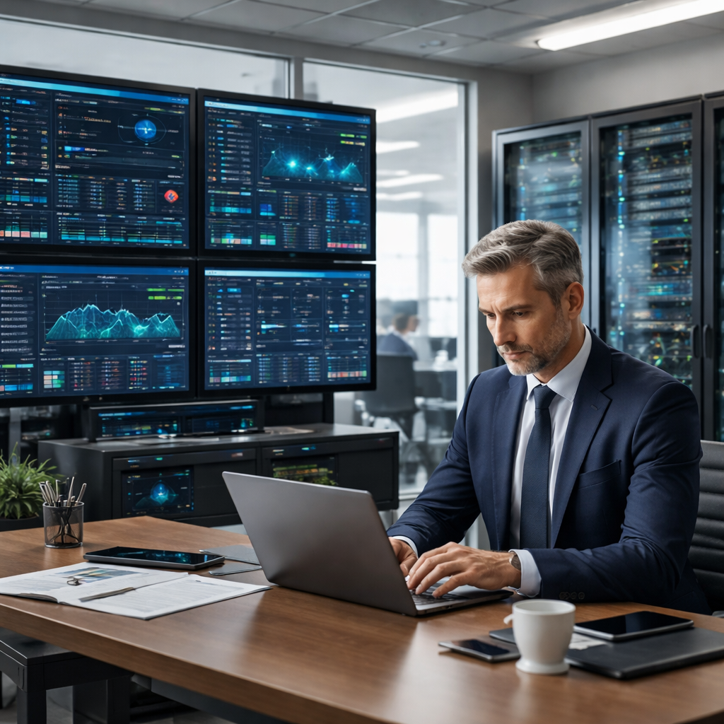 Business professional in a suit working on a laptop in a modern office, surrounded by multiple screens displaying data analytics, symbolizing managed IT services for law firms and enhancing productivity and security.