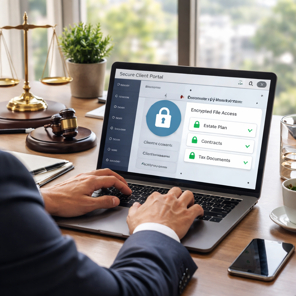 Lawyer using laptop displaying secure client portal with encrypted file access for legal documents like estate plans and contracts, symbolizing IT support for law firms.