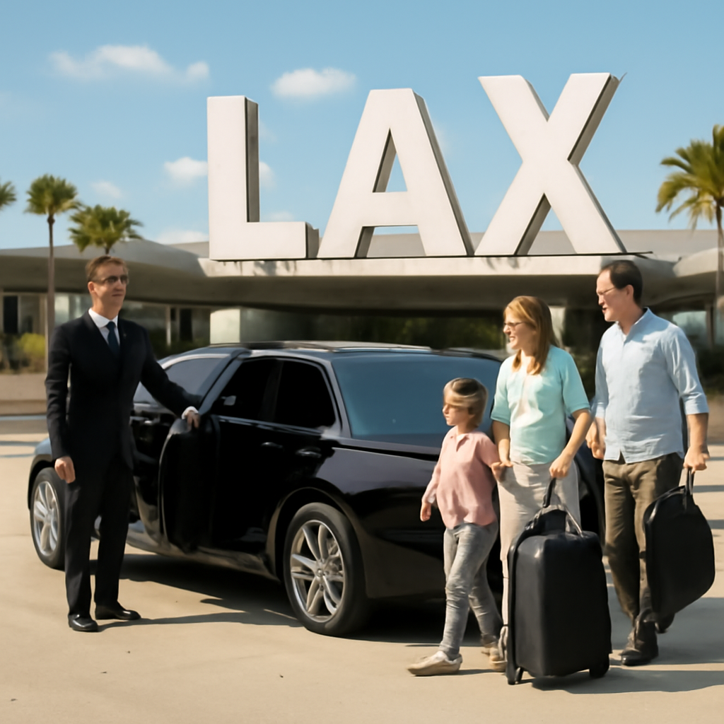 A sleek, climate‑controlled limousine parked outside LAX with a family unloading luggage, sunny California sky in the background. Alt: LAX to Anaheim car service luxury vehicle ready for pickup
