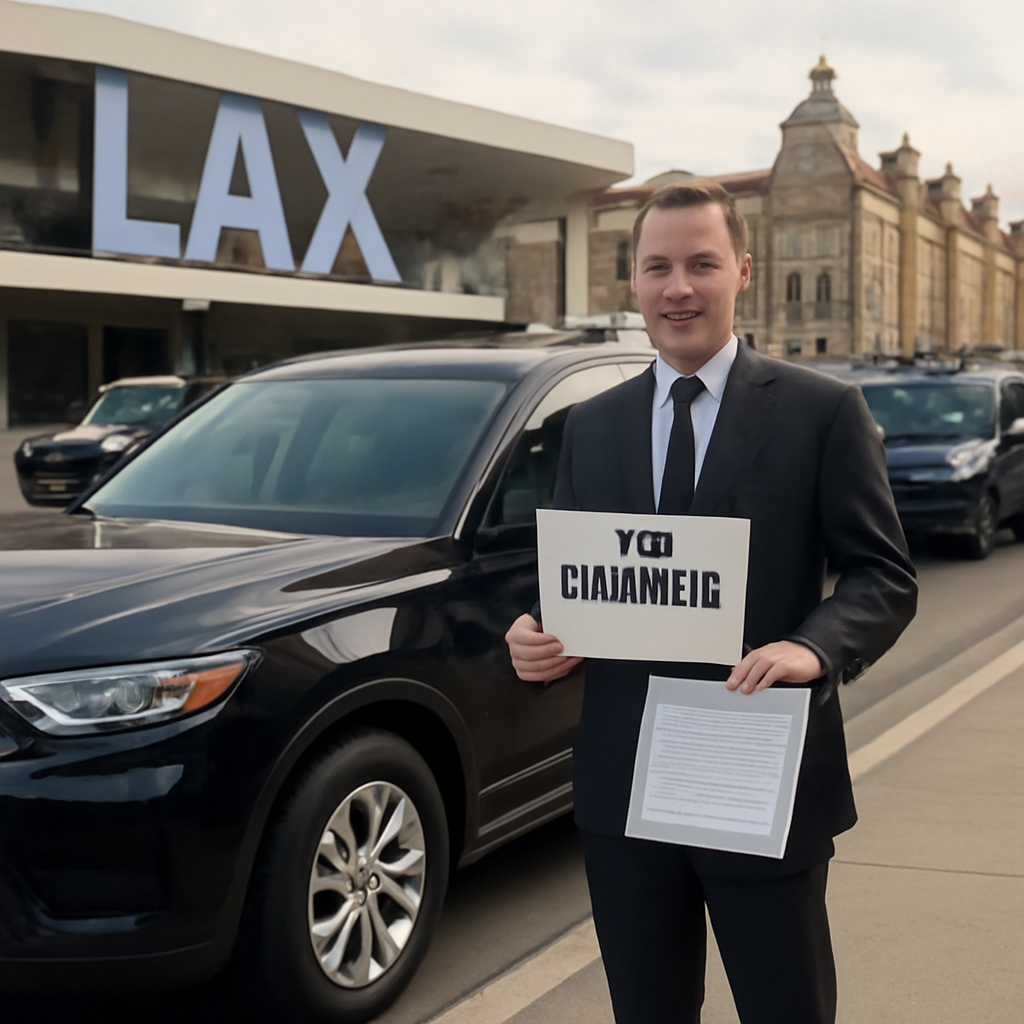A sleek, well‑maintained SUV parked at the LAX curbside, driver holding a name placard and a clipboard showing a valid USDOT number and insurance certificate. Alt: LAX to Anaheim car service safety and licensing verification.