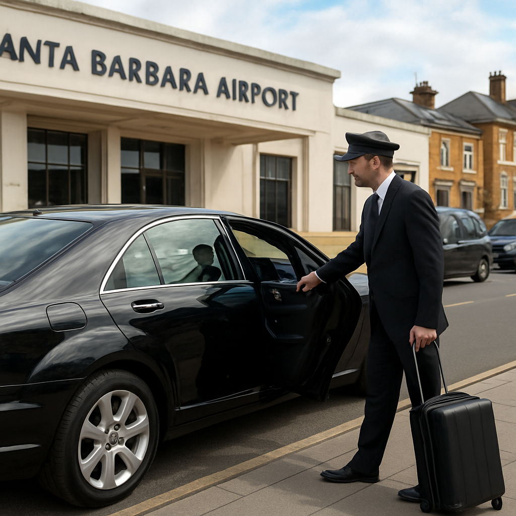 A luxury black sedan parked in front of Santa Barbara Airport terminal, with a professional chauffeur opening the door for a traveler holding a suitcase. Alt: Dedicated LAX to Santa Barbara car service, premium airport transfer, door‑to‑door convenience.