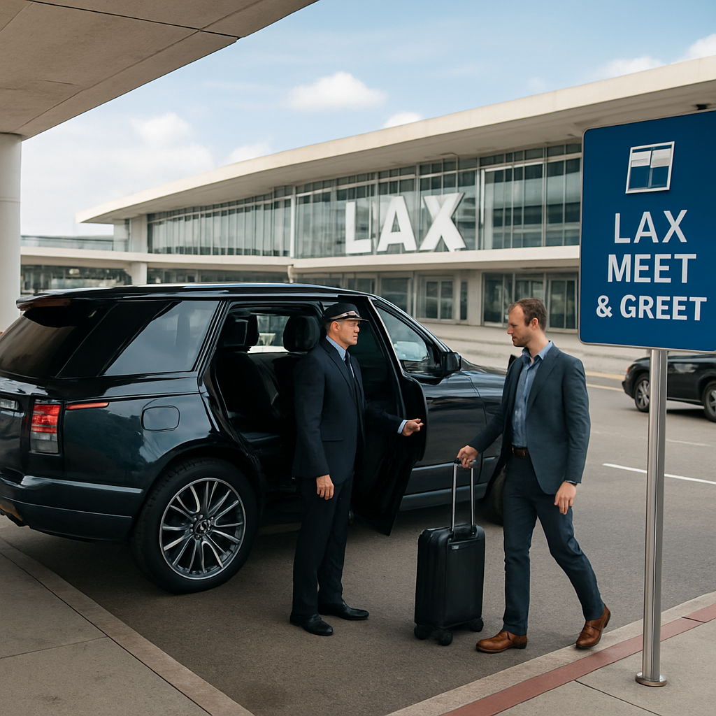 A sleek, climate‑controlled luxury SUV parked at the LAX arrivals curb, chauffeur opening the door for a traveler with a suitcase, showcasing meet‑and‑greet signage and a backdrop of the airport terminal. Alt: Premium LAX to Santa Barbara car service featuring professional driver and comfortable vehicle.