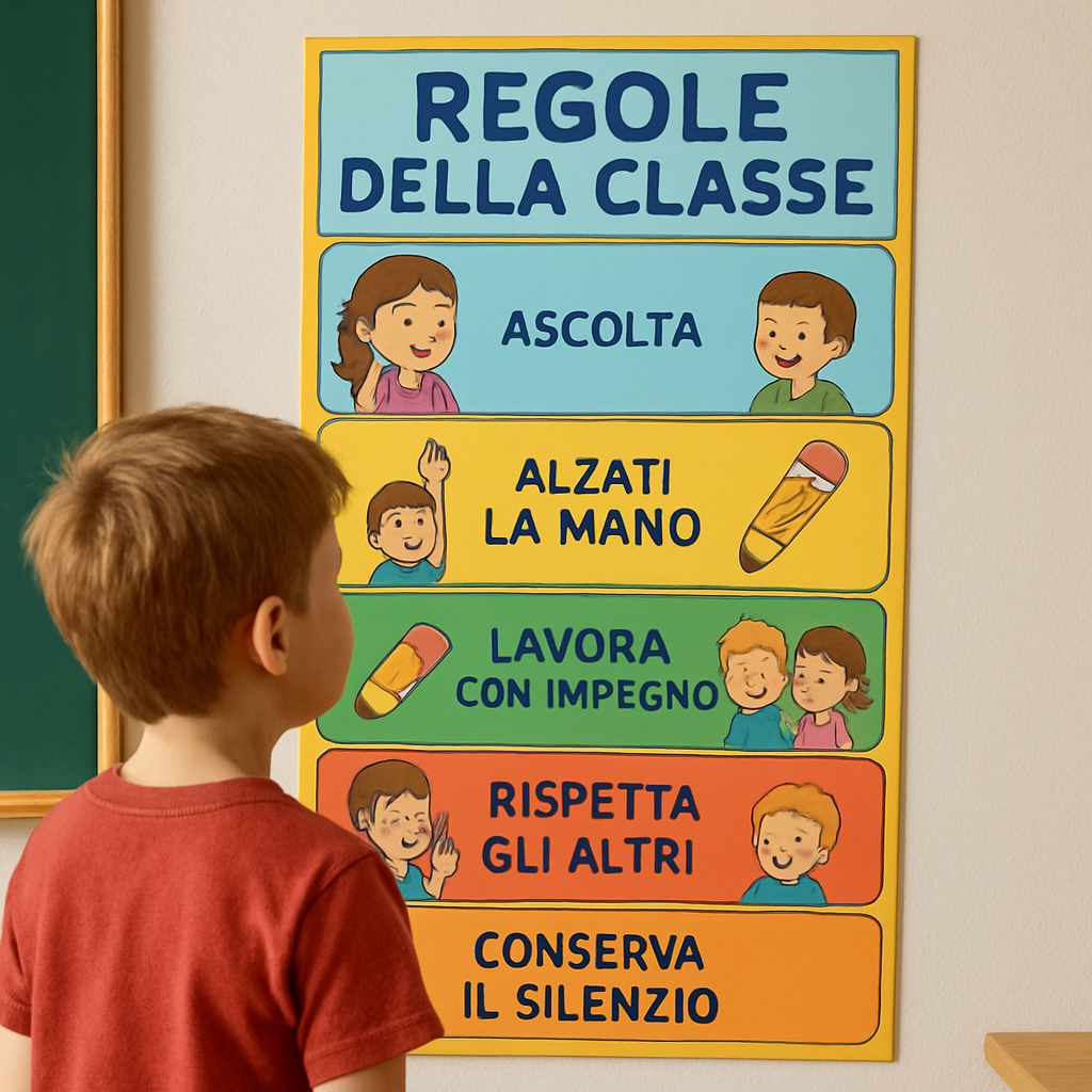 A child looking at a colorful classroom rule chart on a wall, bright icons, alt: Regole della classe chiare per bambini con ADHD