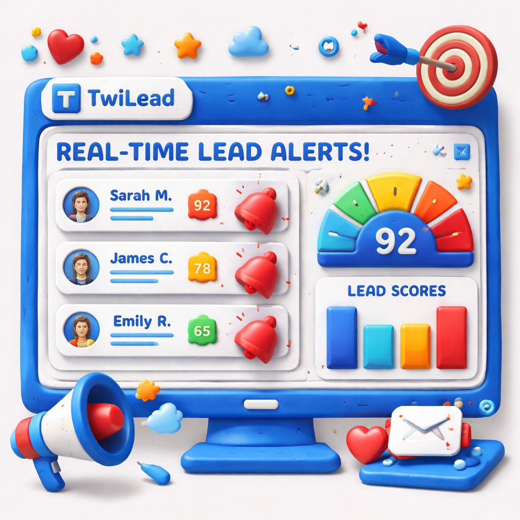 Claymation style illustration of a dashboard with flashing lead alerts and scoring bars, Alt: real‑time lead alerts and scoring dashboard for lead capture software