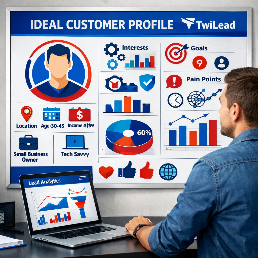 A realistic illustration of a small business owner looking at a profile board with demographic icons, charts and a laptop. Alt: ideal customer profile for lead generation