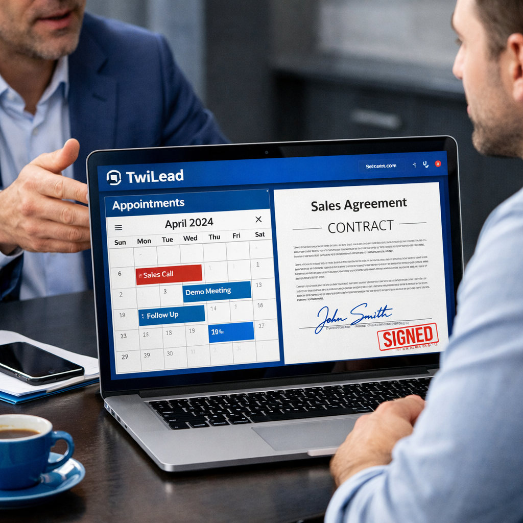 A realistic illustration of a sales conversation with a laptop, calendar view and a signed contract on the screen. Alt: converting leads into paying customers
