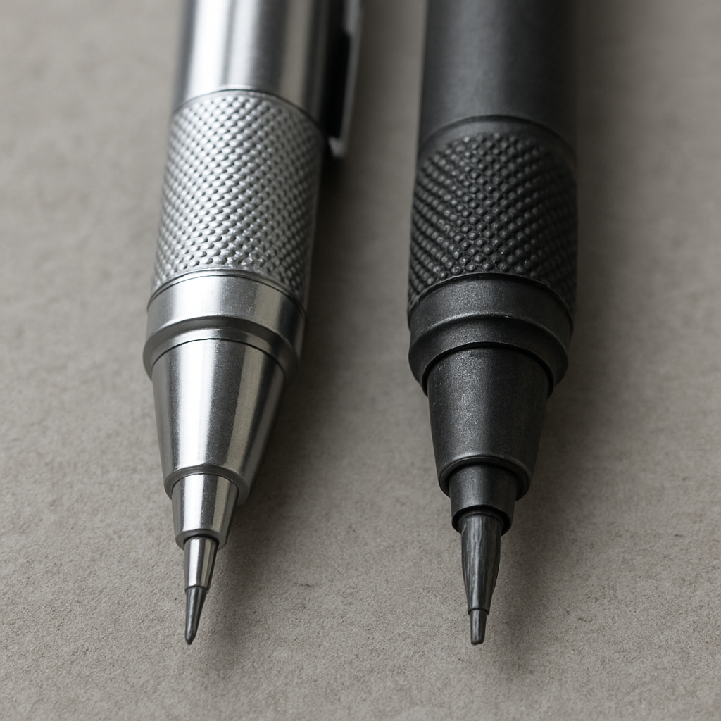 A close-up of a lead holder and a mechanical pencil side by side, showing the metal barrel, grip, and lead mechanism. Alt: Lead holder vs mechanical pencil design and build quality.