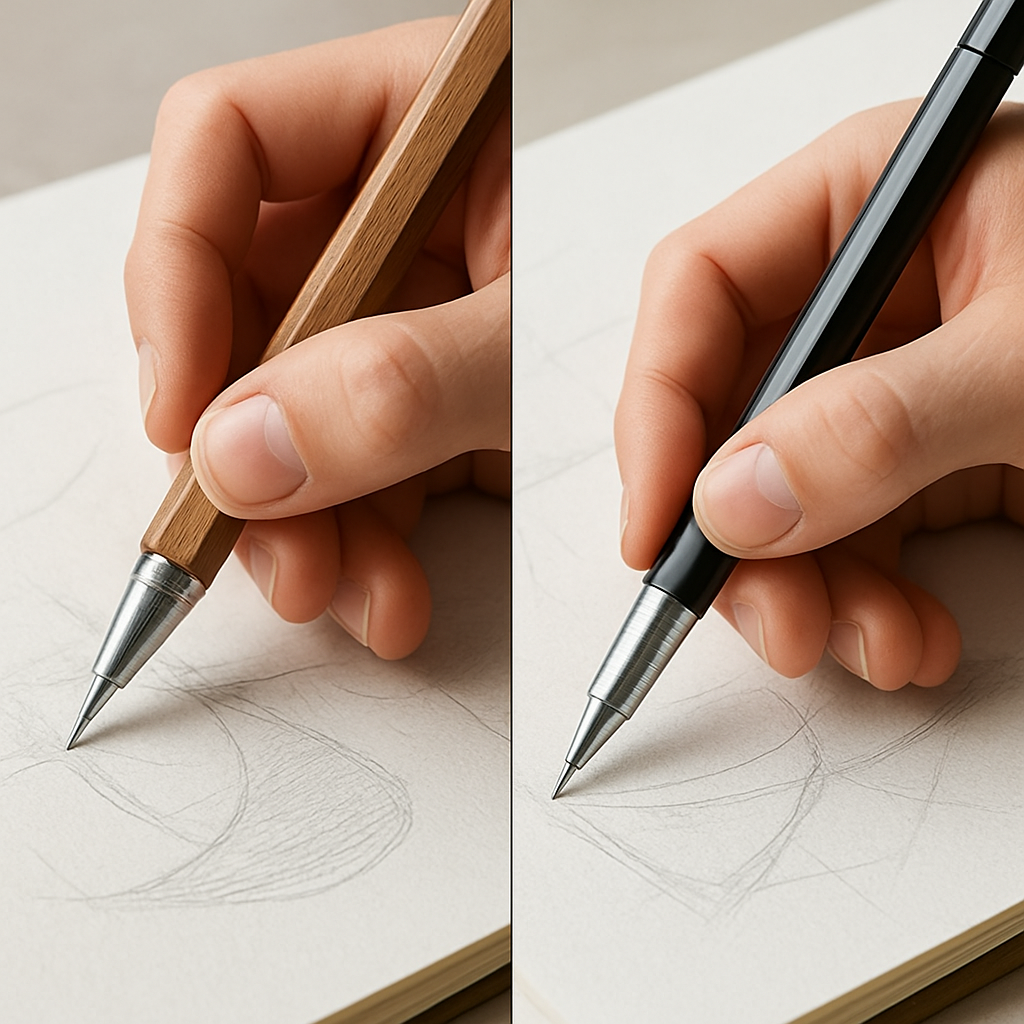 A split‑screen AI illustration showing a hand holding a traditional metal lead holder on the left and a sleek mechanical pencil on the right, both drawing on sketch paper. Alt: Comparison of lead holder vs mechanical pencil in a student's sketchbook.