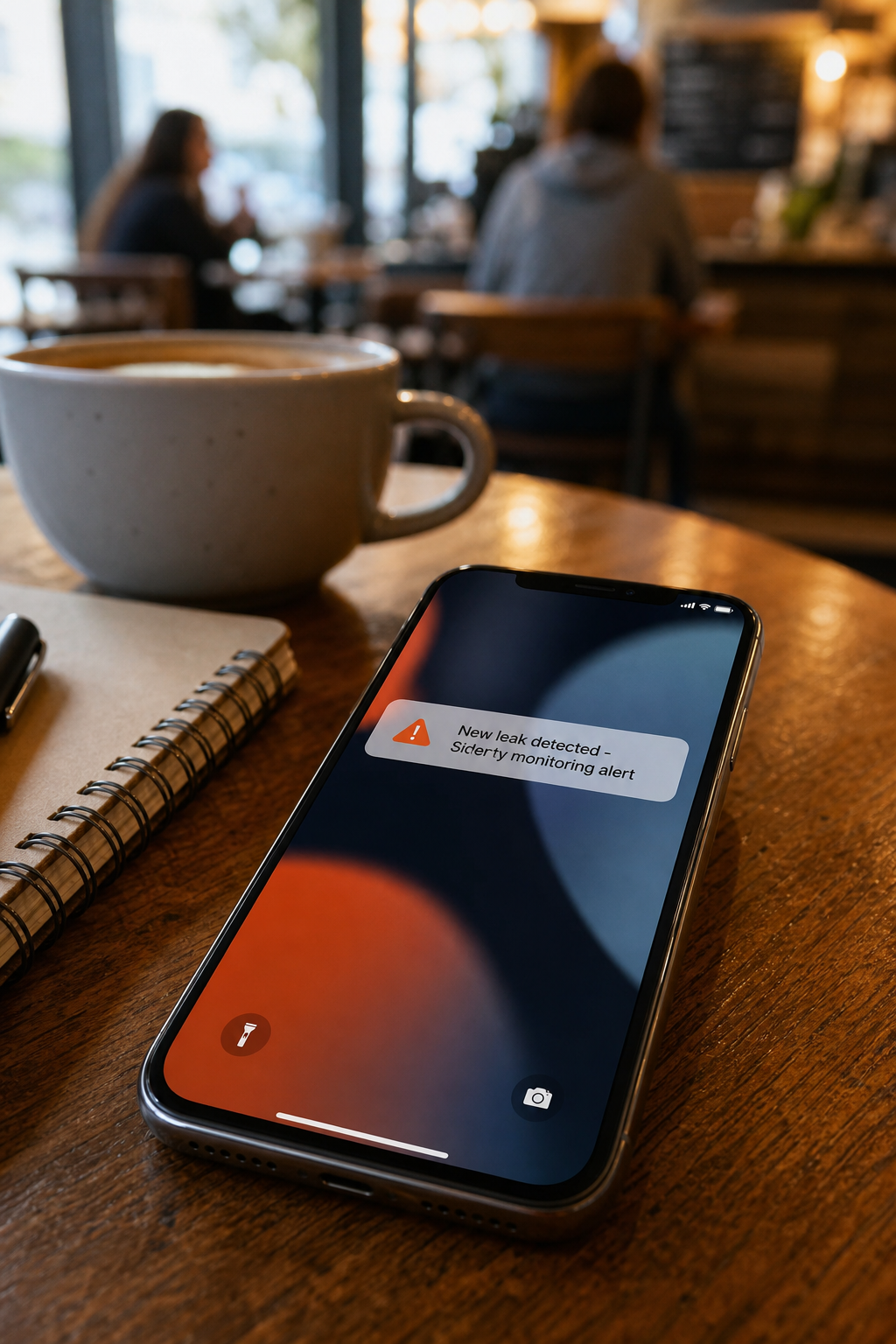 A photorealistic view of a smartphone showing a notification: 'New leak detected - Sidenty monitoring alert' with a blurred background of a coffee shop. The phone is on a wooden table next to a notebook. Alt: Smartphone alert from Sidenty monitoring service notifying of a new content leak.